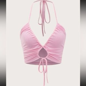 Cut Out Drawstring Tie Backless Crop Halter Top